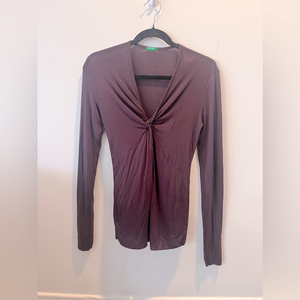 Women’s Burgundy Twisted Surplice Long Sleeve Blouse